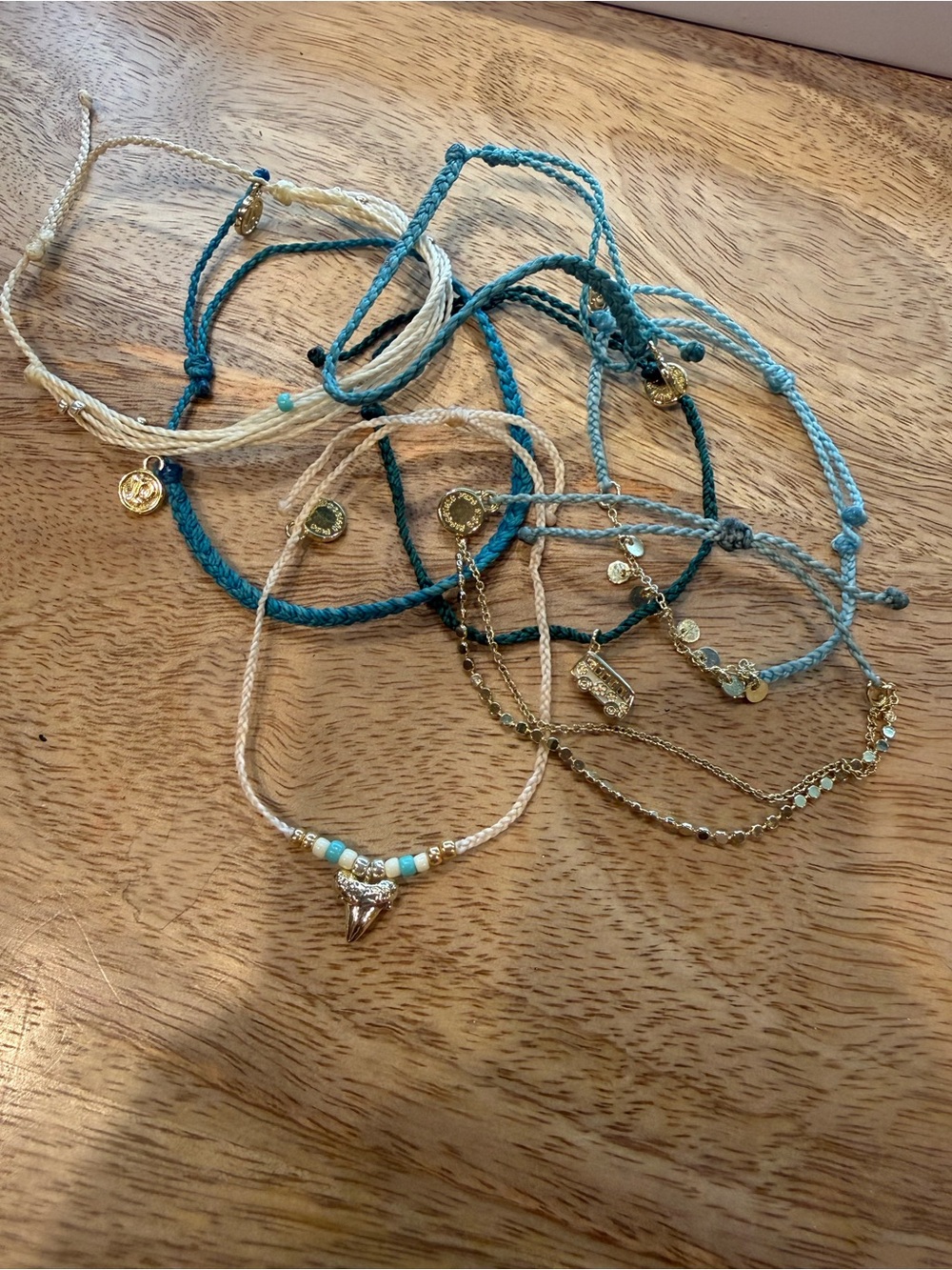 Layered Turquoise & Cream Beaded Charm Anklet/Bracelet Set - Brand Unknown